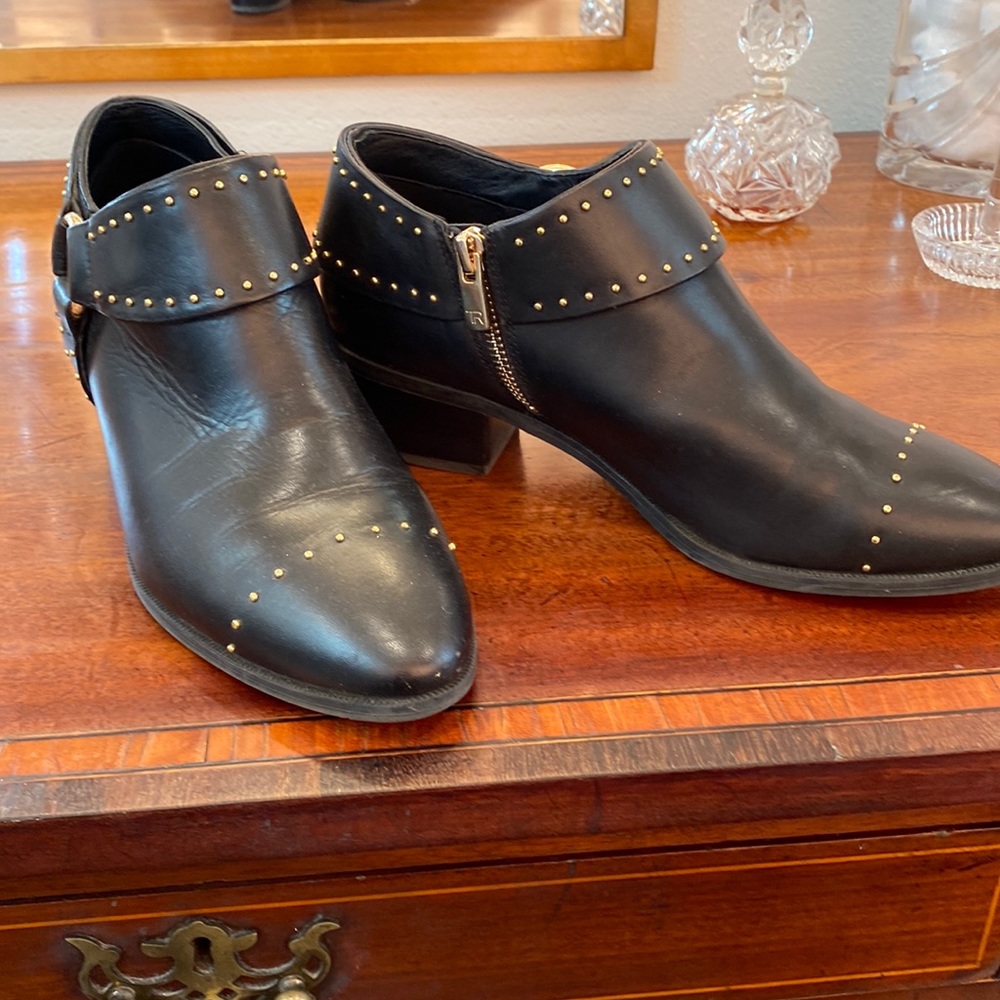 Taryn Rose Black Leather Booties with Subtle Gold Trim